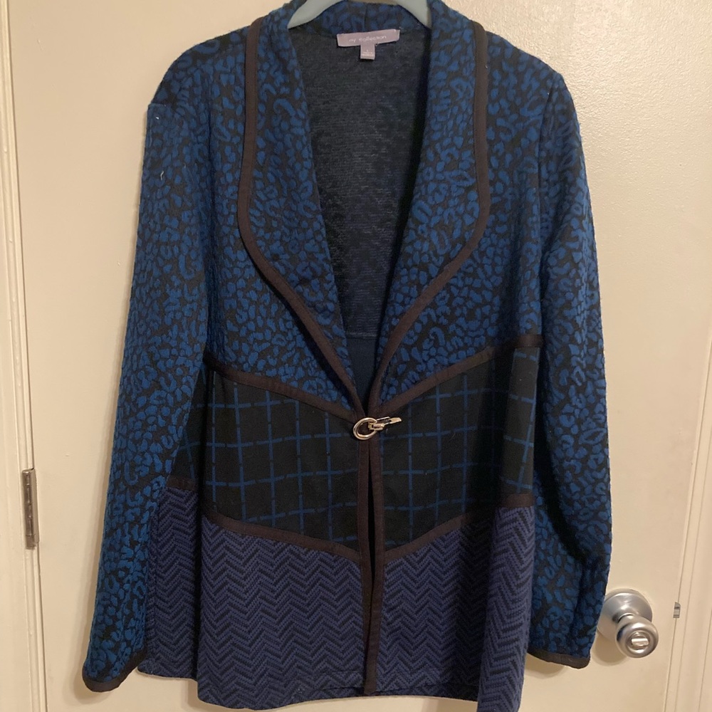 Vintage NY Collection Navy Blue Knit Jacket Multi Pattern Blazer Retro Grandma L